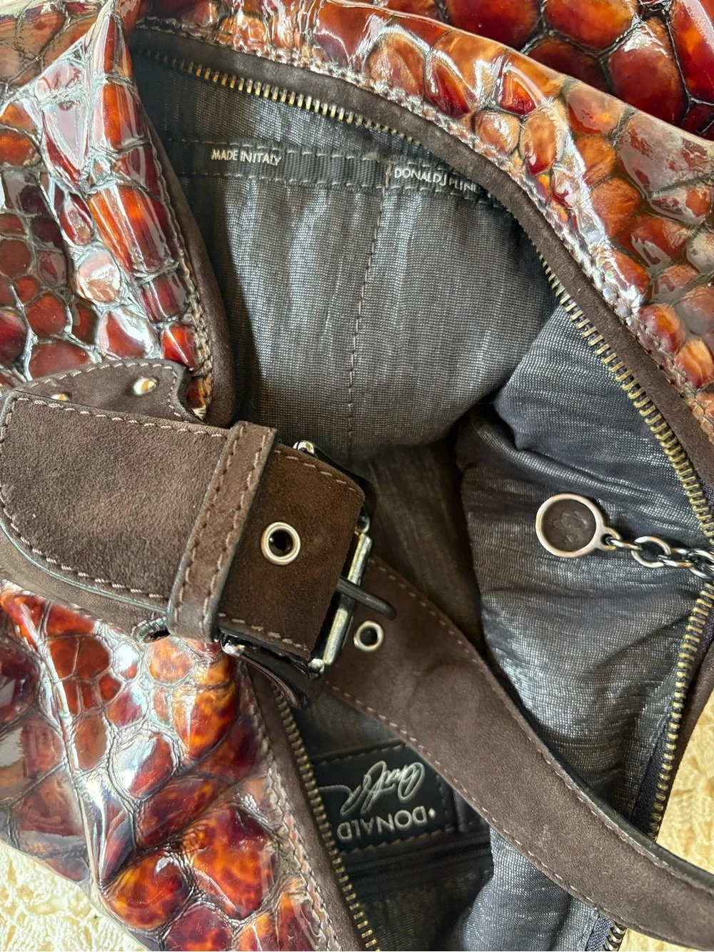 Donald J. Pliner Brown Suede  Crocodile Embossed Hobo Shoulder bag